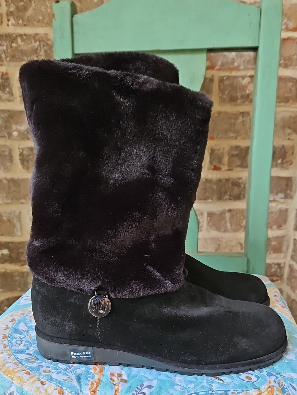 NWOT! Stuart Weitzman Black Suede Slouch Boots with Cozy Fleece Lining - Picture 2 of 5